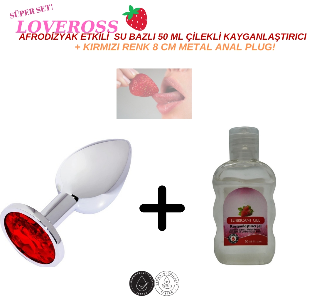 Kırmızı Elmas Taşlı Metal Anal Plug + Çilekli Kayganlaştırıcı Seti