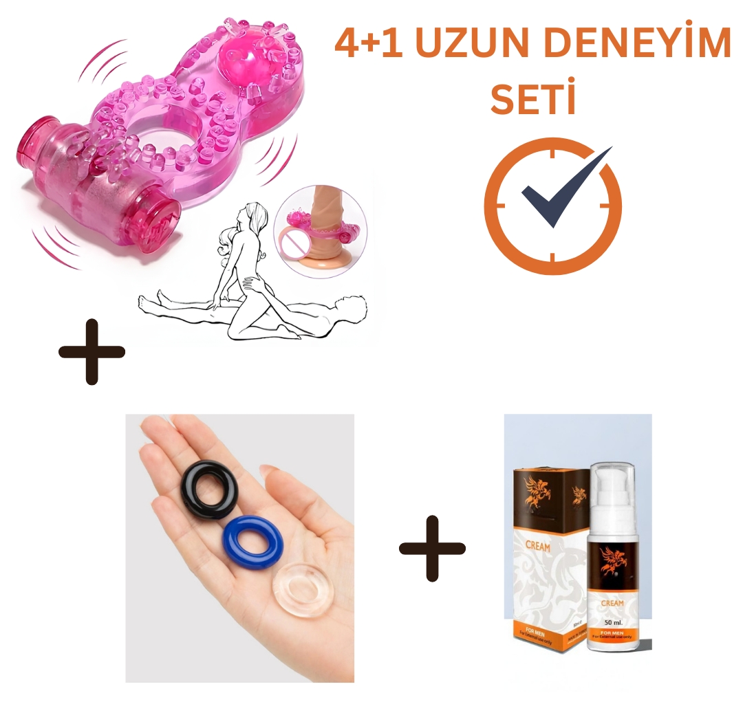 4+1 Longtime Seti – Titreşimli Klitoris Vibratör, Penis Halkası, Krem
