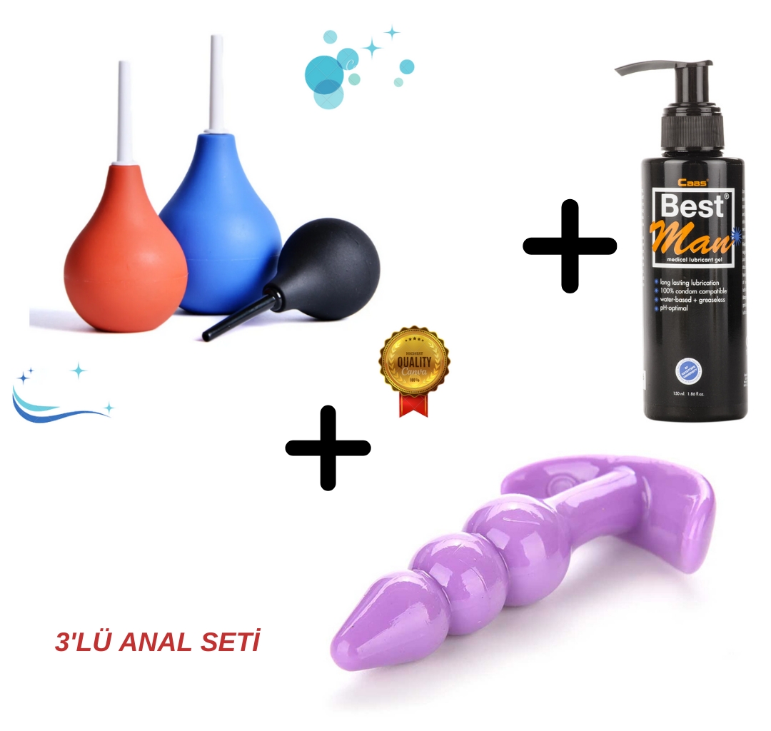 Anal Temizlik Pompası ve Boğumlu Anal Plug - 3’lü Kayganlaştırıcı Set