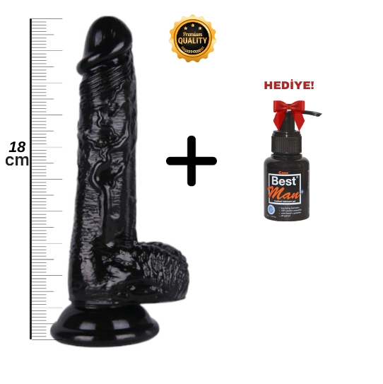 18 CM Siyahi Dildo - Damarlı Et Dokulu & Vantuzlu 