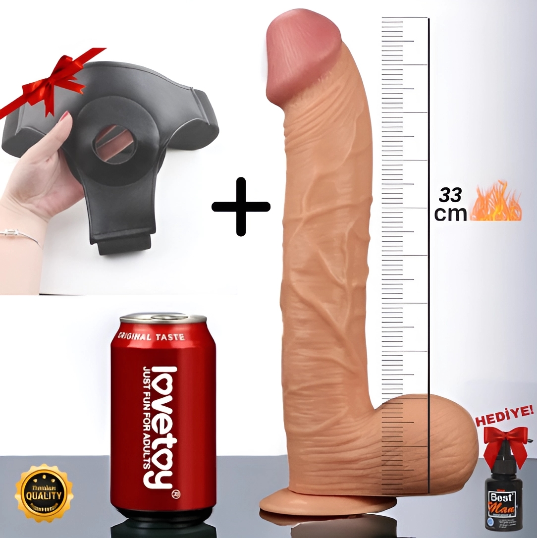 33 CM Gerçekçi Dokulu  Bağlama Kemerli Realistik Penis Dildo - Ultra Mega Boy