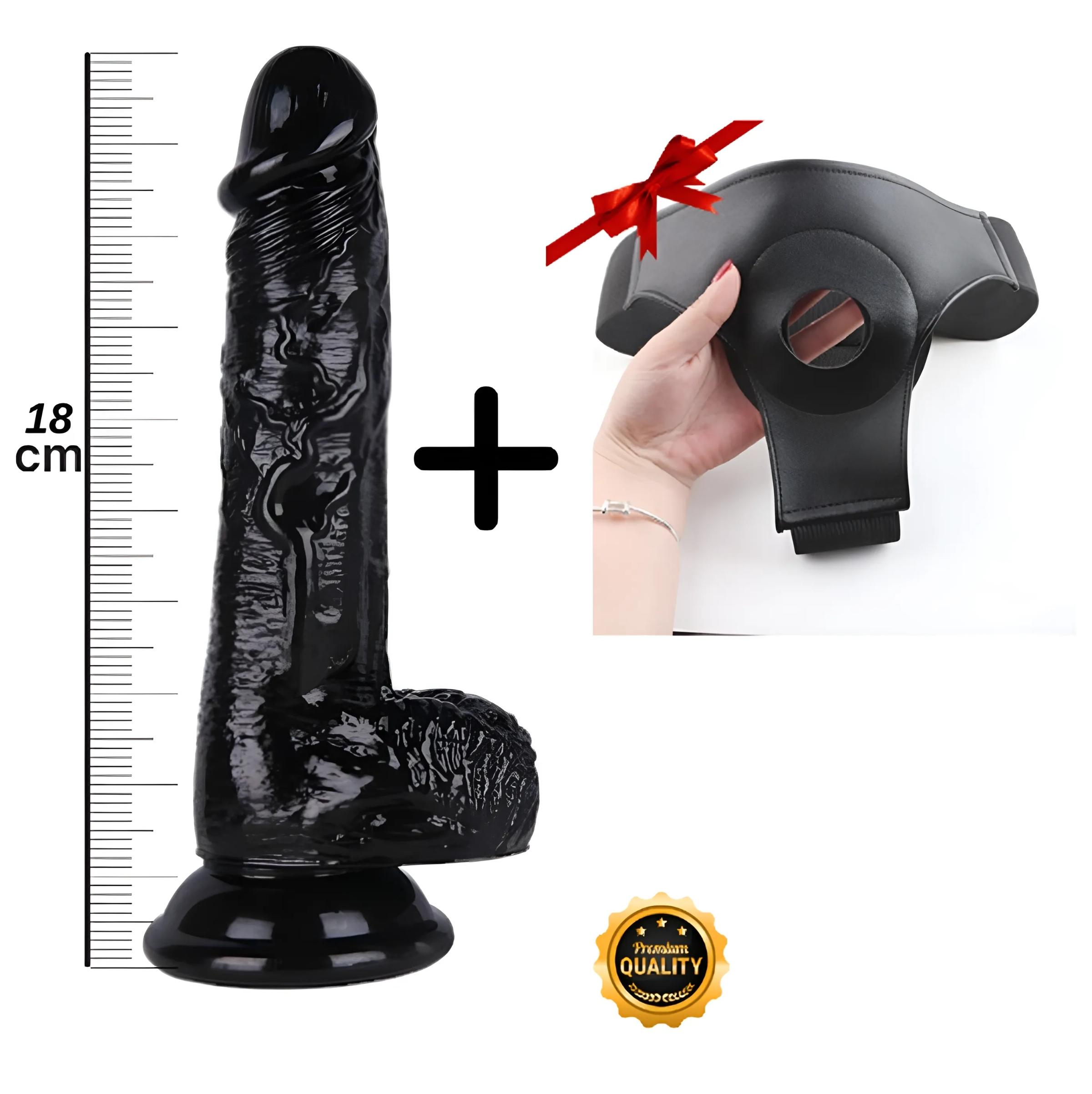 18 CM Black Realistic Dildo - Textured & Strap-On 