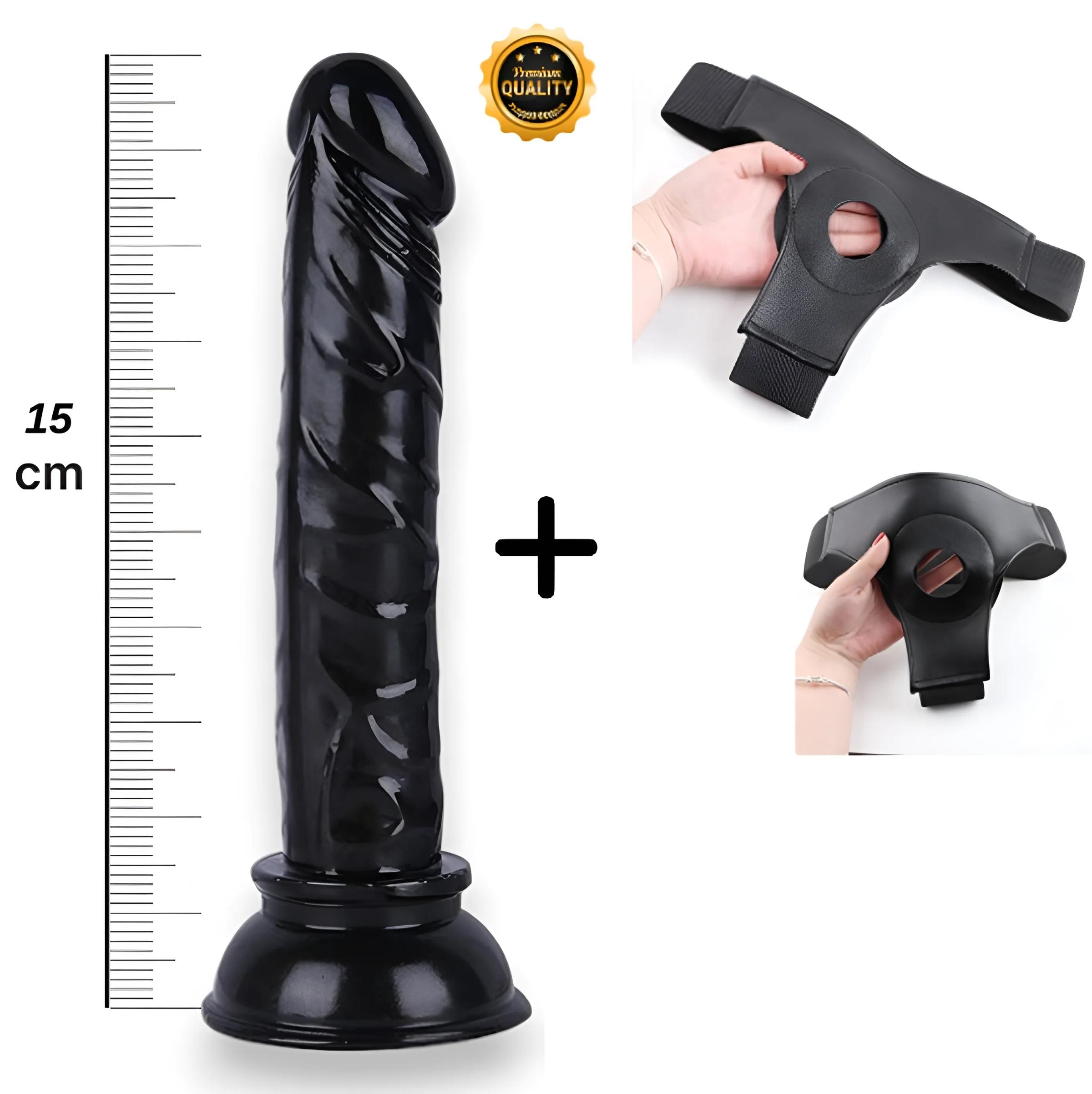 15 CM Siyah Realistik Dildo - Gerçekçi Dokulu & Belden Bağlama 